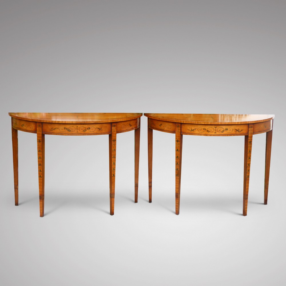 A Fine Pair of Decorative Edwardian Satinwood Demi Lune Tables