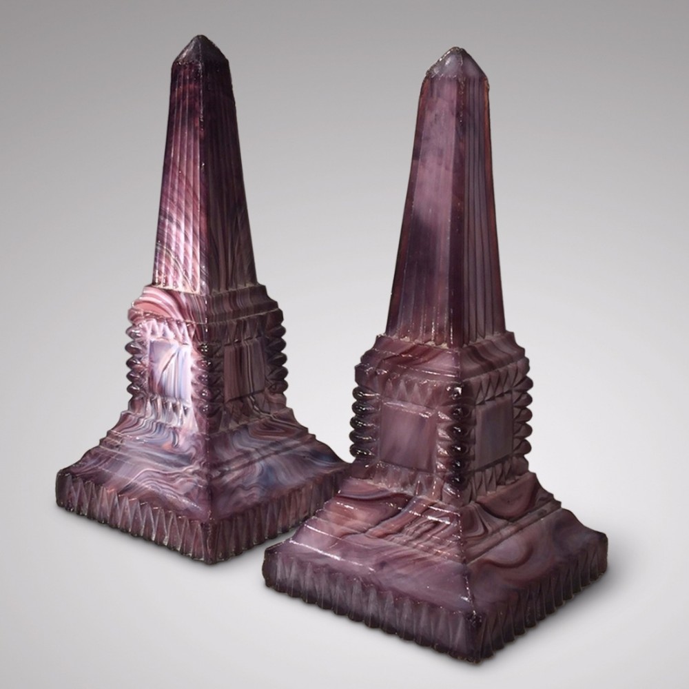Pair of 19th Century Purple Malachite Pressed Glass Obelisks