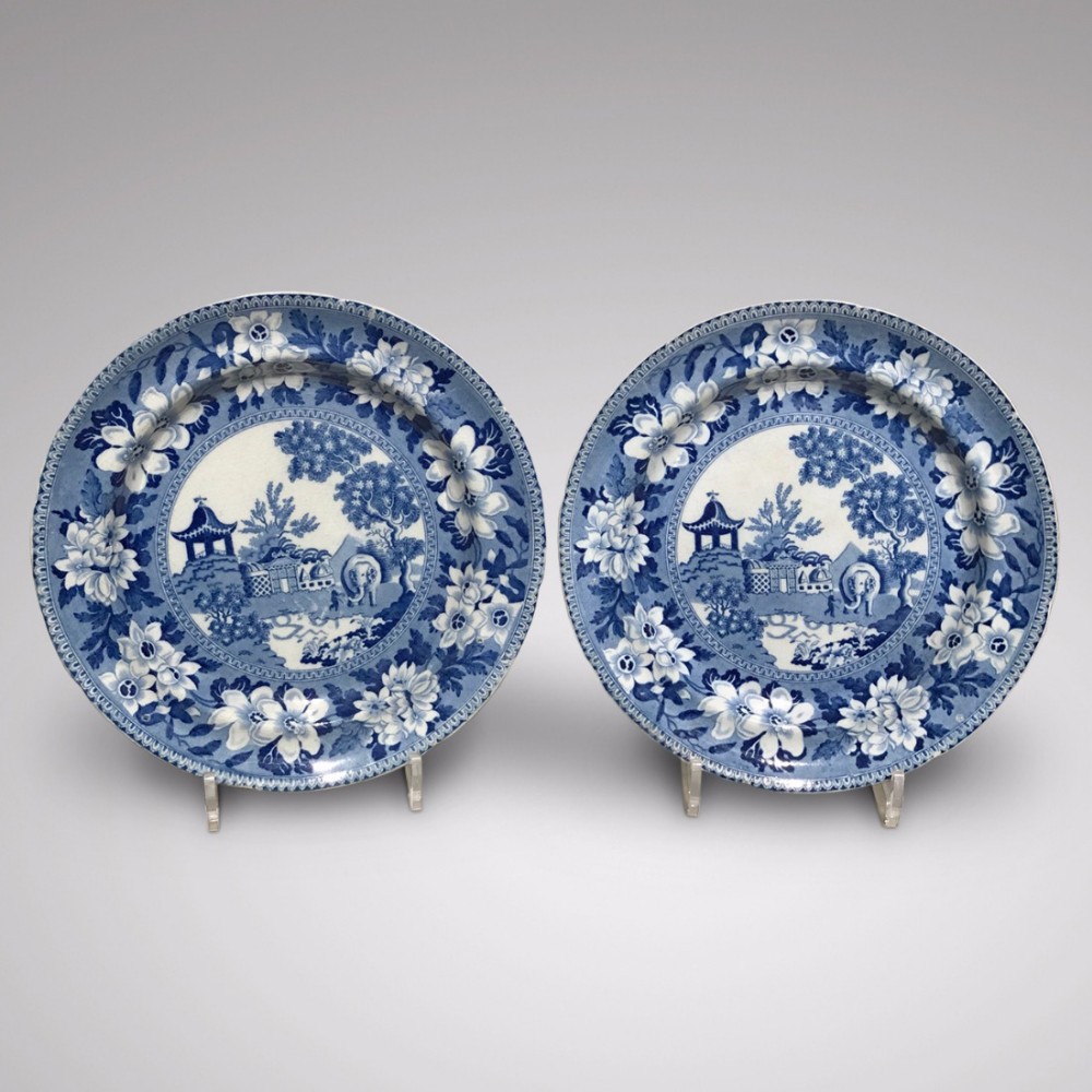 Pair of early 19th Century Rogers Blue & White Plates - 'Elephant Pattern'