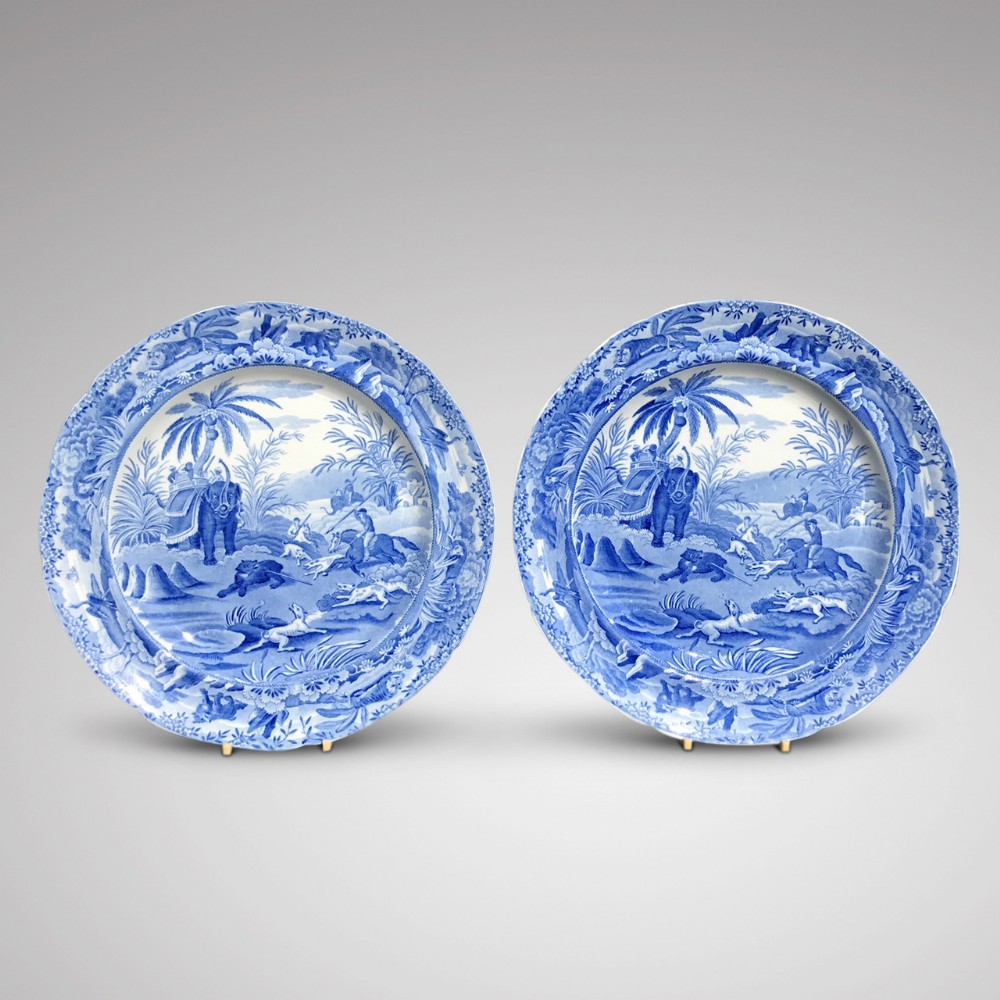 Pair of Blue & White Spode Plates 'Death of the Bear' Pattern