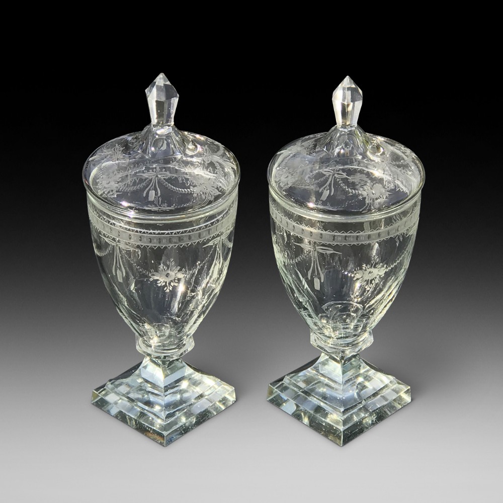 A  Superb Pair of 19th Glass Urns & Covers