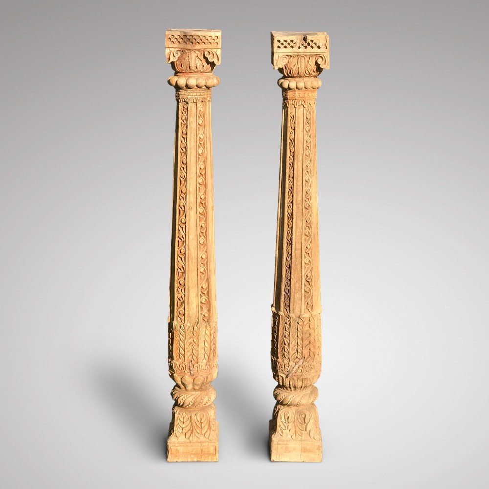 Matched Pair of Tall Asian Carved Wooden Columns
