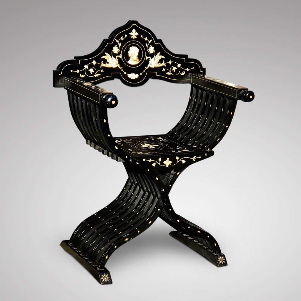 Antique Italian Ebonised and Inlaid Savonarola Chair