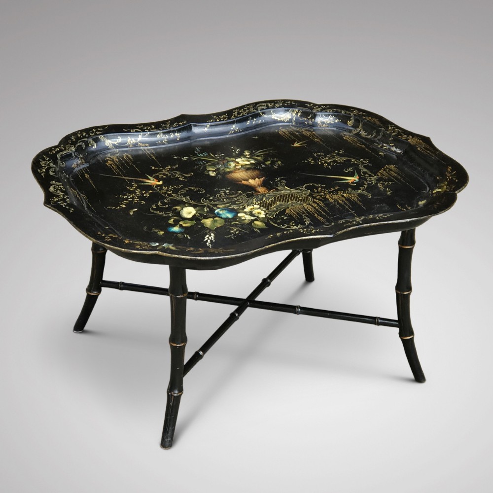 19th Century Papier Mache Tray on Later Faux Bamboo Stand