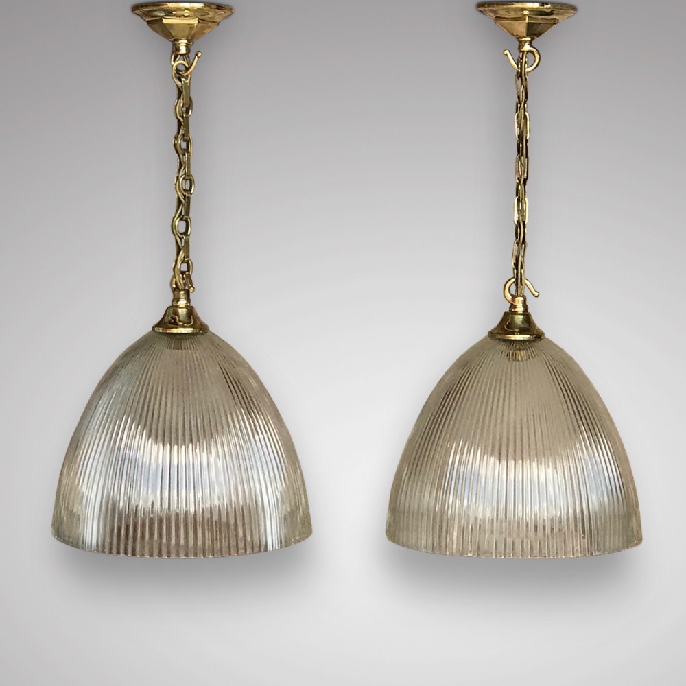 Pair of Art Deco Ribbed Glass Pendant Lights