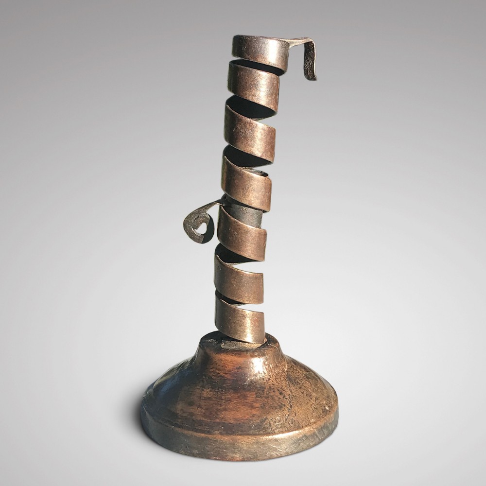 Early 18th Century Iron Candle Stick on Wooden Base