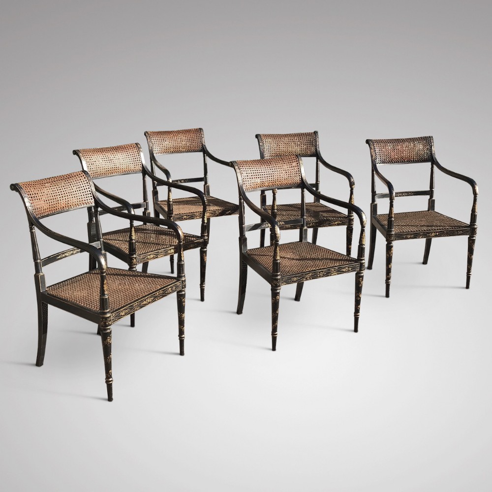 Set of Six 19th Century Japanned Armchairs in the Regency Style