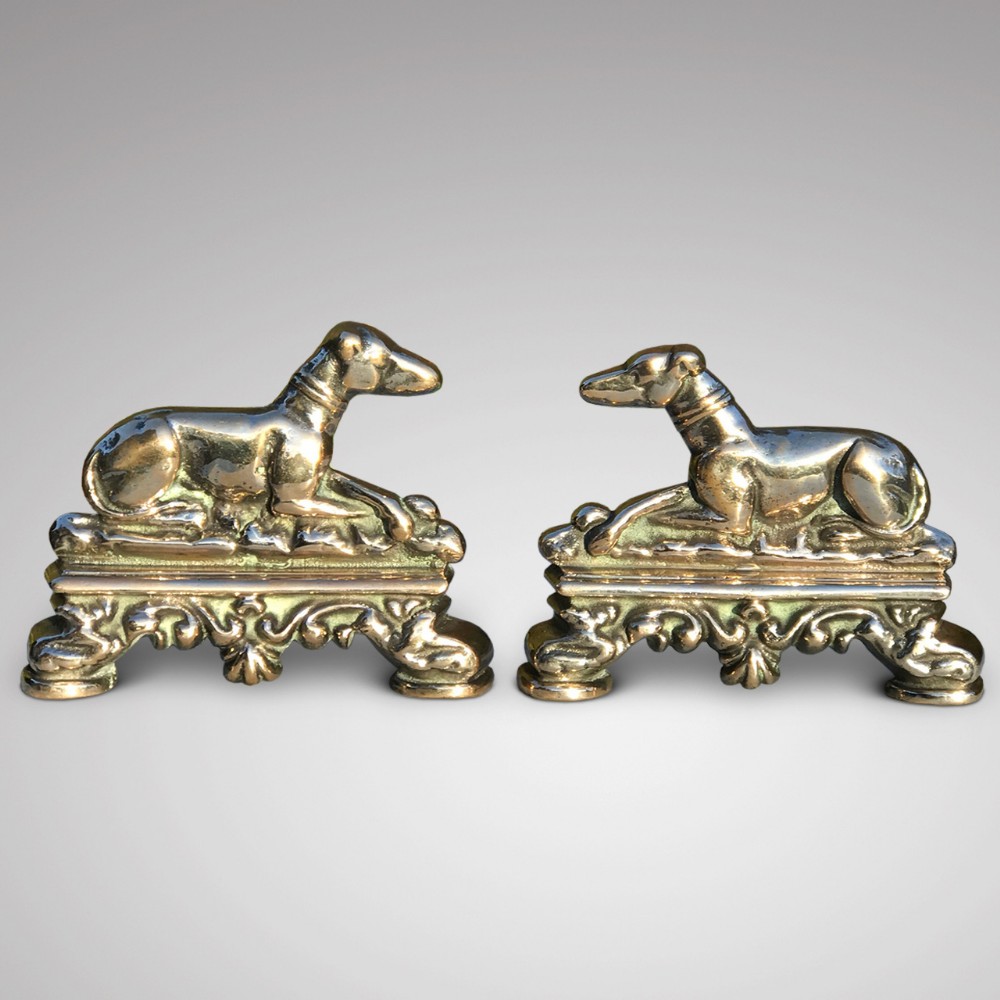 Pair of 19th Century Polished Bronze Greyhound Hearth Ornaments.
