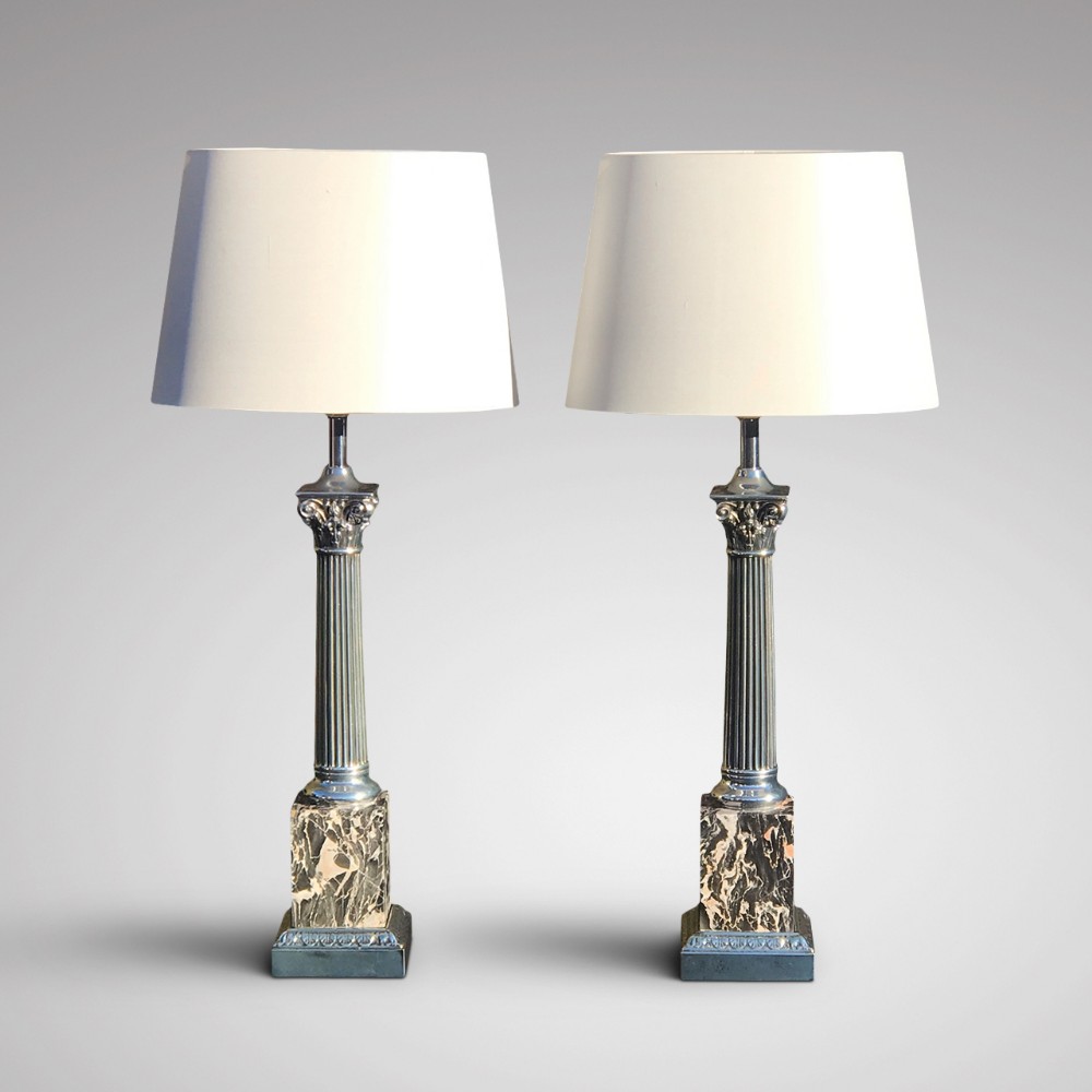 Pair of Early 20th Century Polished Steel & Marble Table Lamps