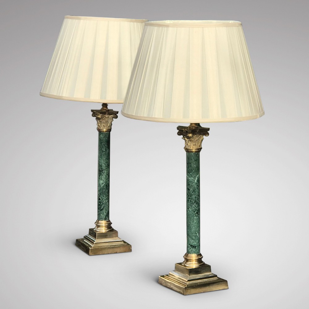 Pair of Early 20th Century Green Marble and Brass Table Lamps