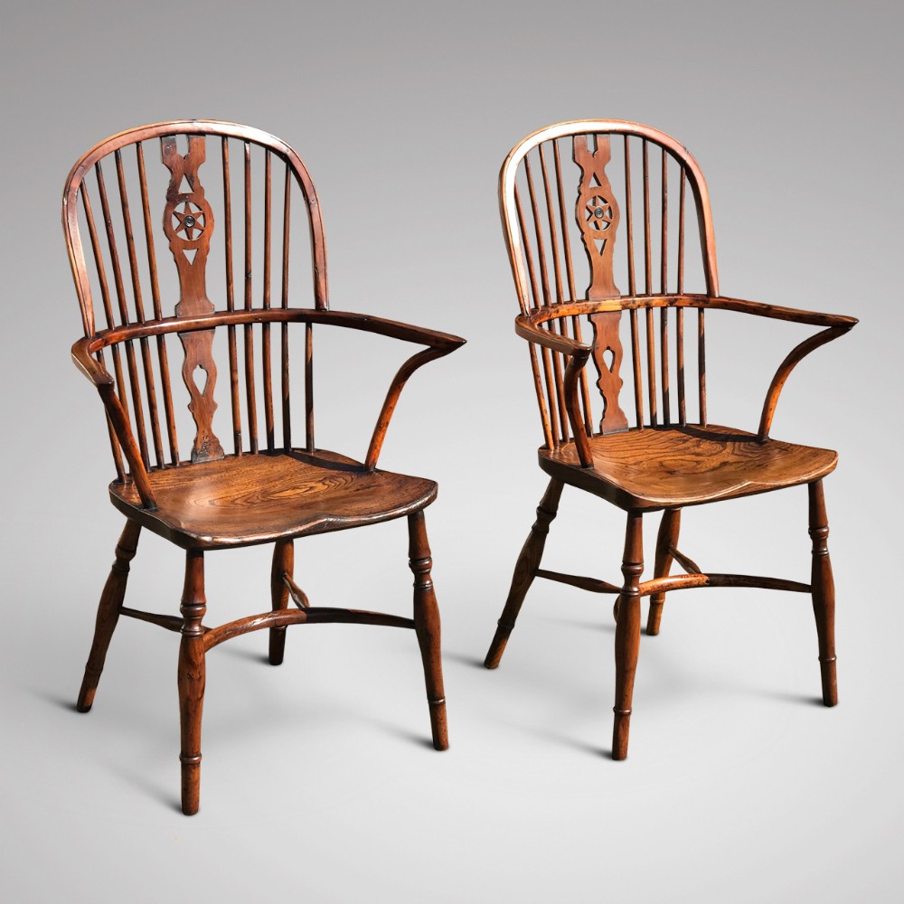 Pair of Antique Yew & Elm High Back Windsor Chairs