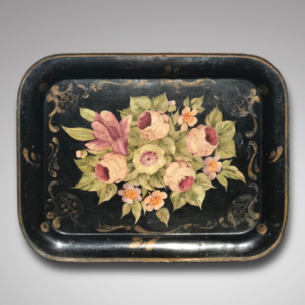 19th Century Rose Painted Toleware Tray