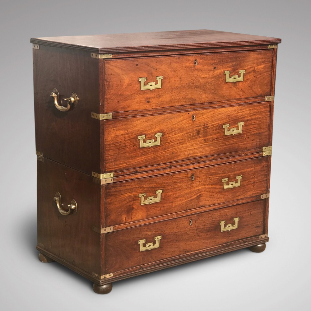 Small 19th Century Teak and Brass Two Part Campaign Chest