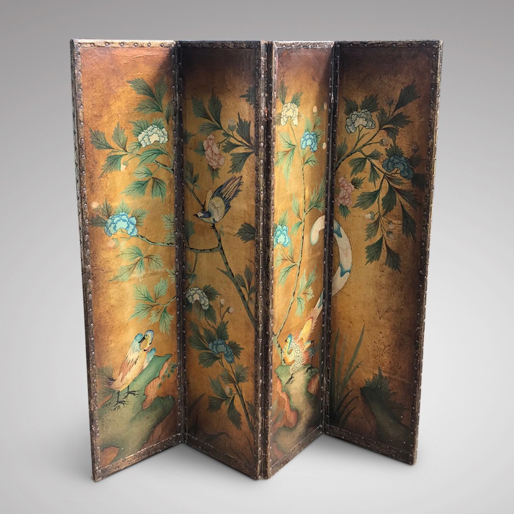 Exquisite 19th Century Painted Leather Four Fold Screen