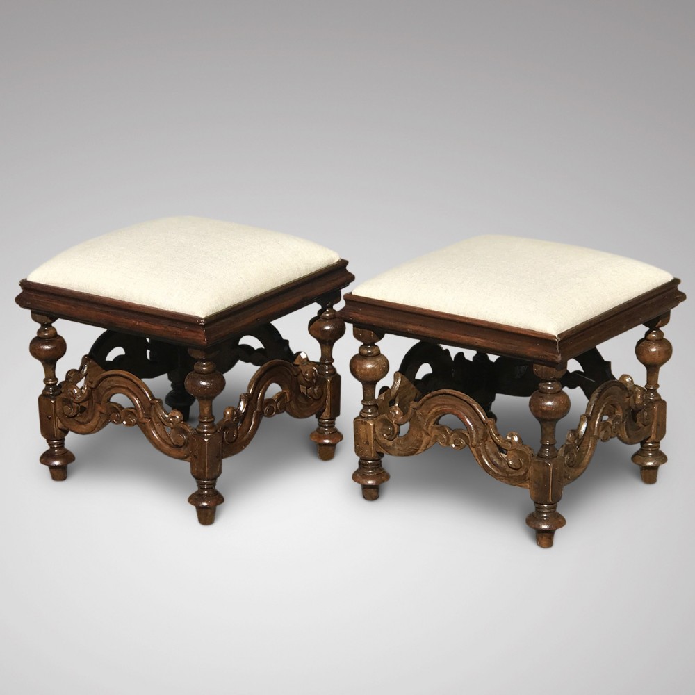 A Pair of 19th Century Walnut Stools in Charles II Style