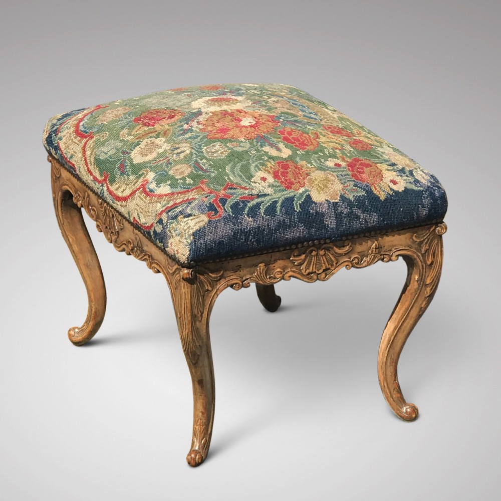 Carved Walnut Stool with Original Needlework Upholstery