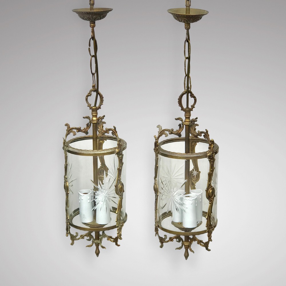 Pair of Antique Gilt Metal & Glass Lanterns