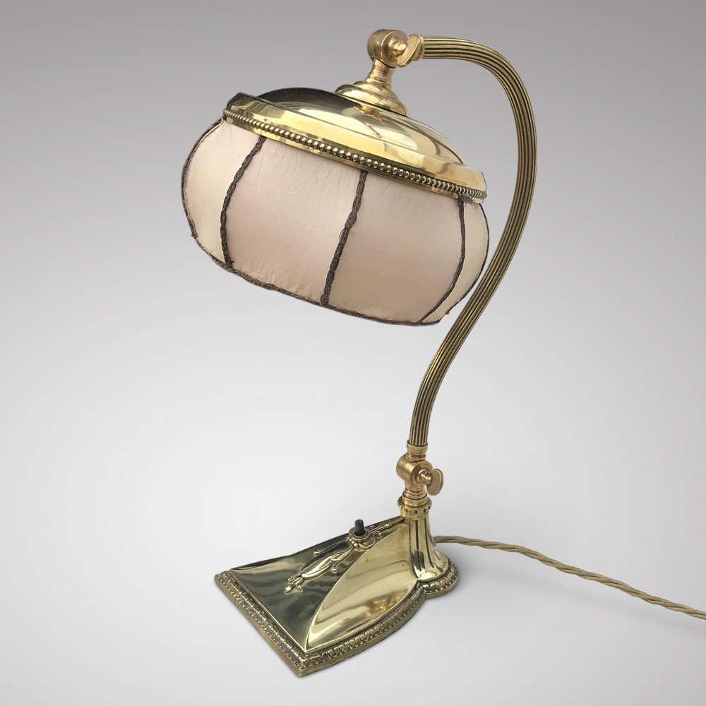 Brass Art Nouveau Desk Lamp with Original Silk Shade