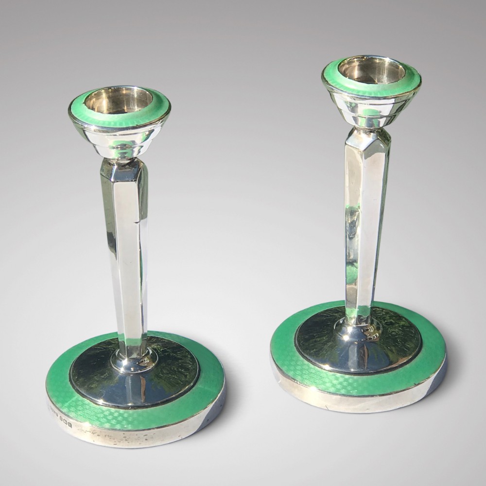 Pair of Sterling Silver & Guilloche Enamel Candlesticks