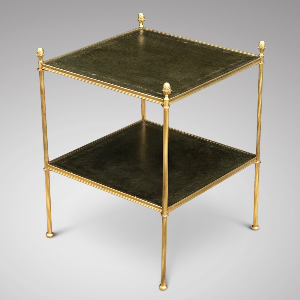 Early 20th Century Two Tier Brass and Leather Etagere