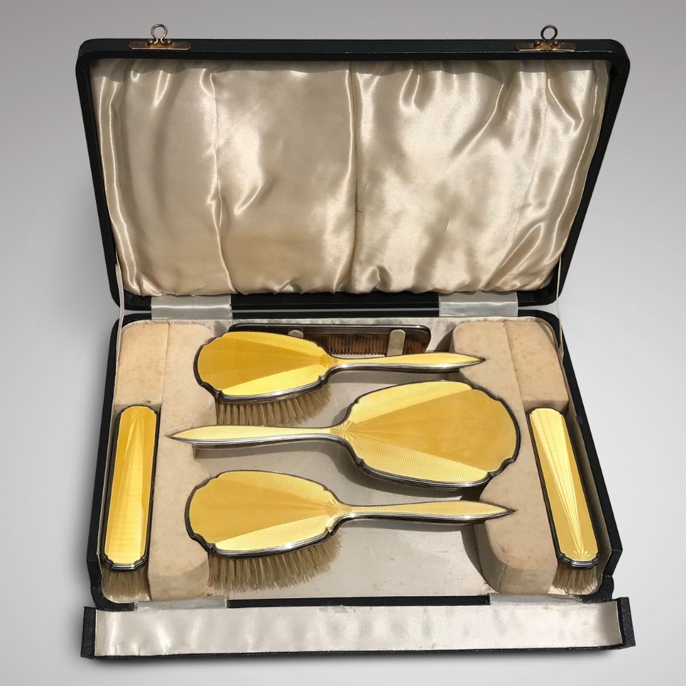 Art Deco Silver & Guilloche Enamel Dressing Table Set