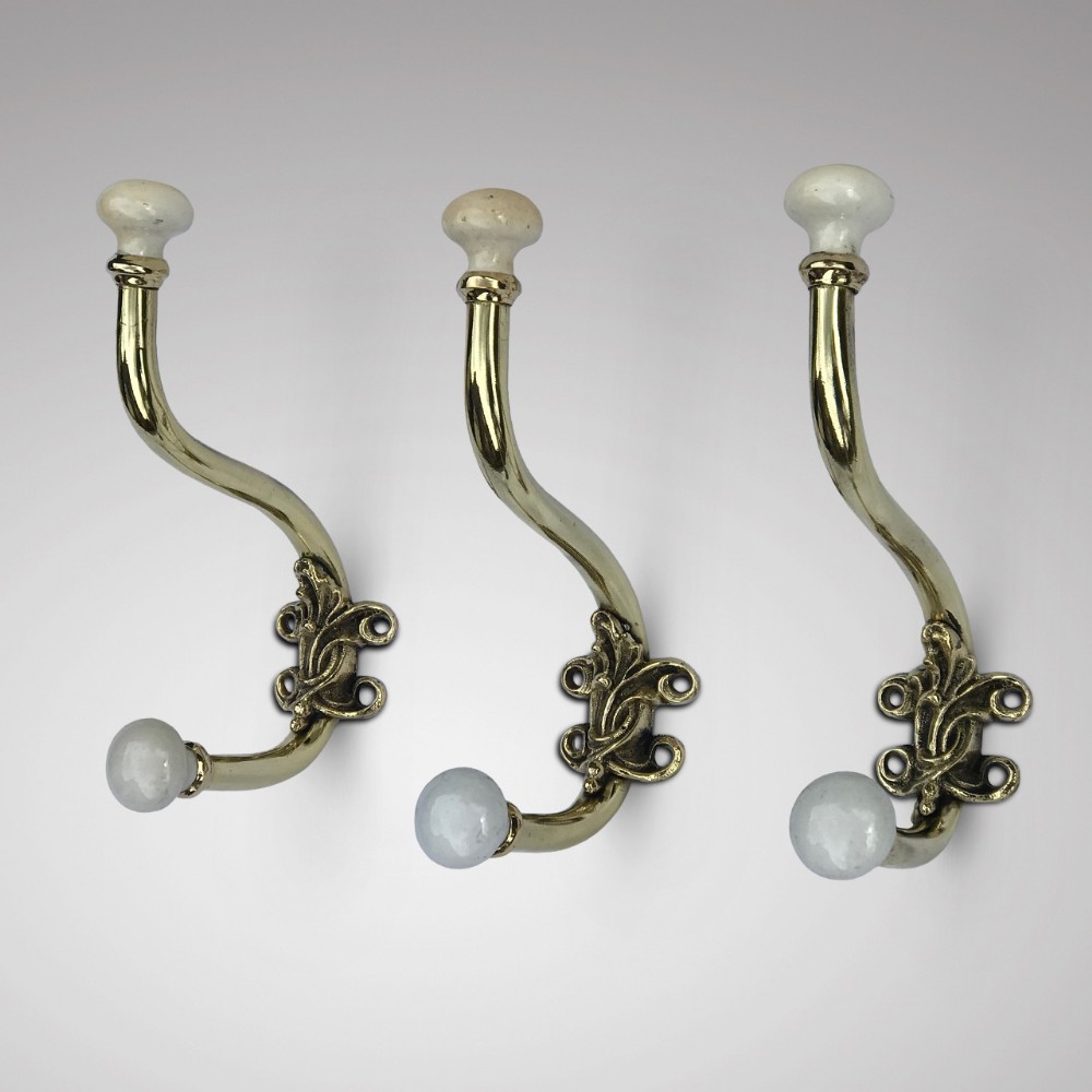 3 Victorian Brass & Porcelain Hat & Coat Hooks
