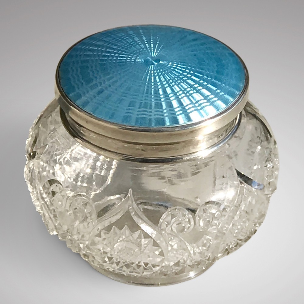 Cut Glass Jar with Silver & Guilloche Enamel Top