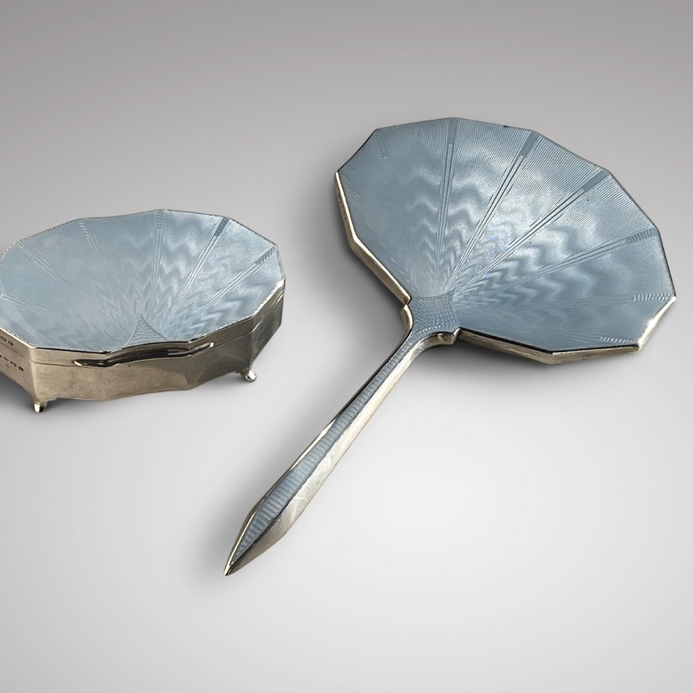 Art Deco Silver & Guilloche Enamel Jewellery Box & Mirror