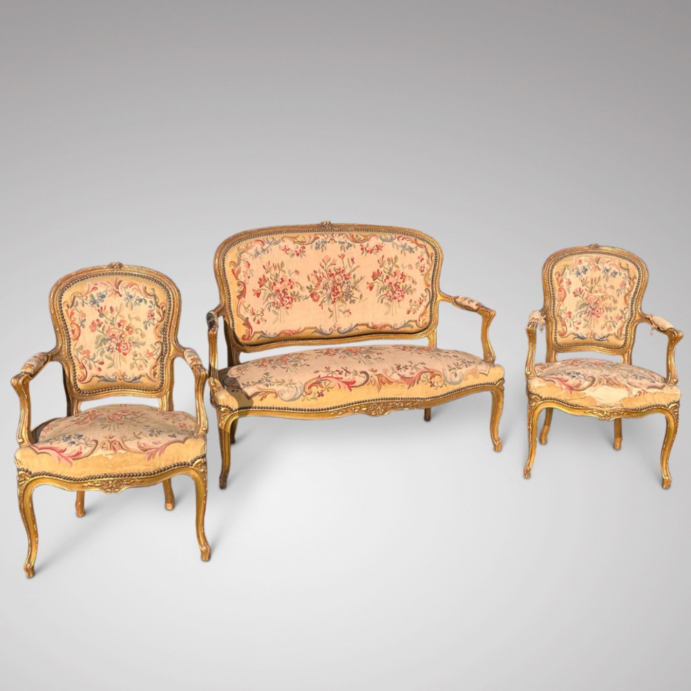 French Giltwood Salon Sofa & Matching Chairs