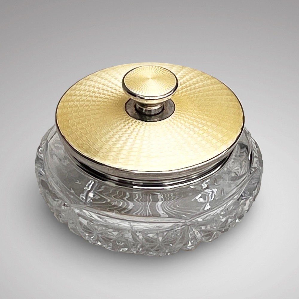 Art Deco Cut Glass, Silver & Enamel Powder Bowl