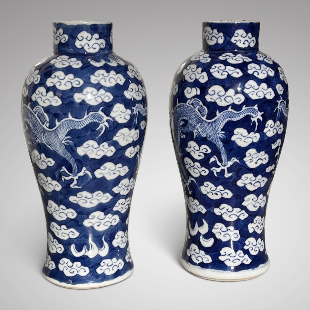 Pair of Chinese Blue & White Chinese Dragon Vases