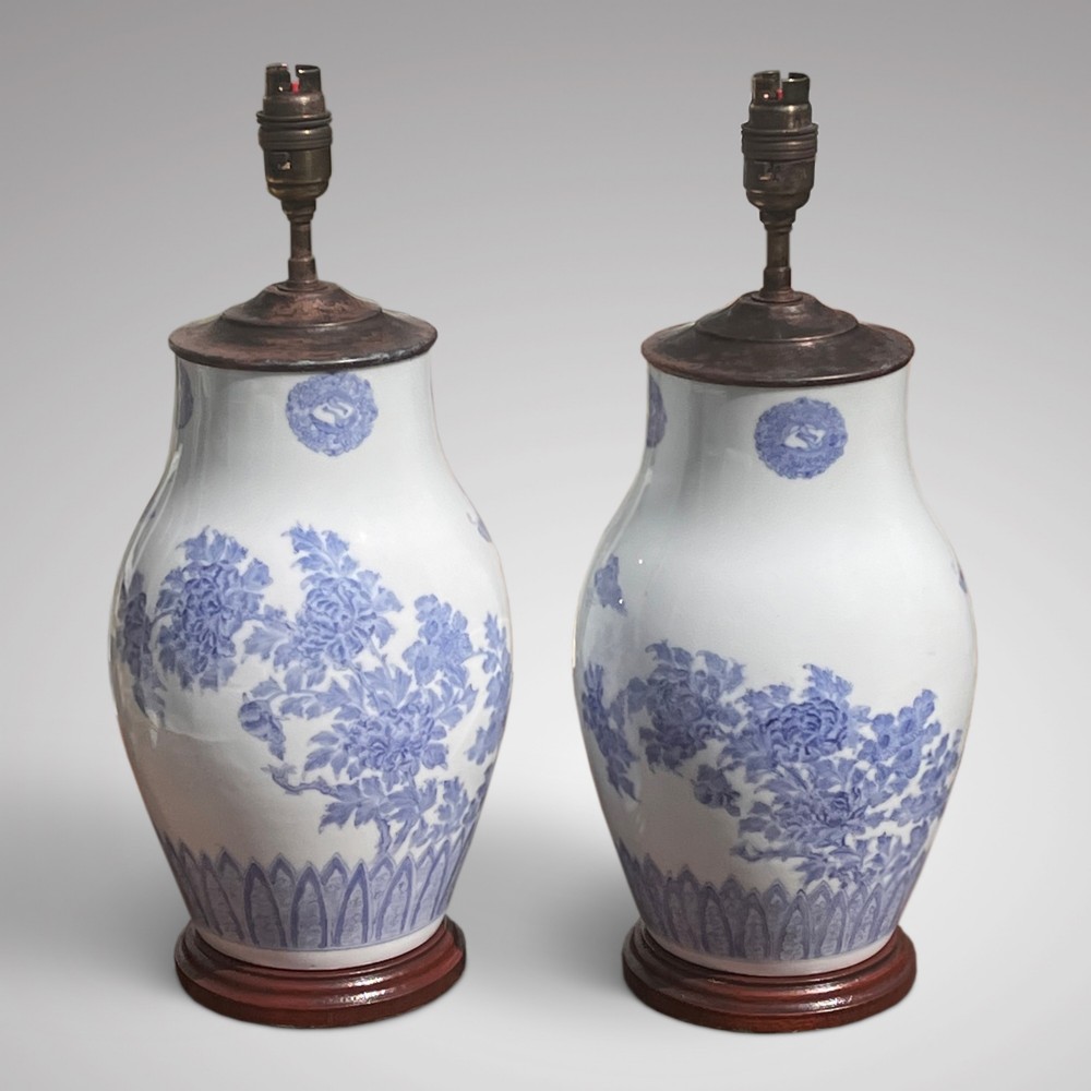 Pair of 19th Century Japanese Blue & White Lamps