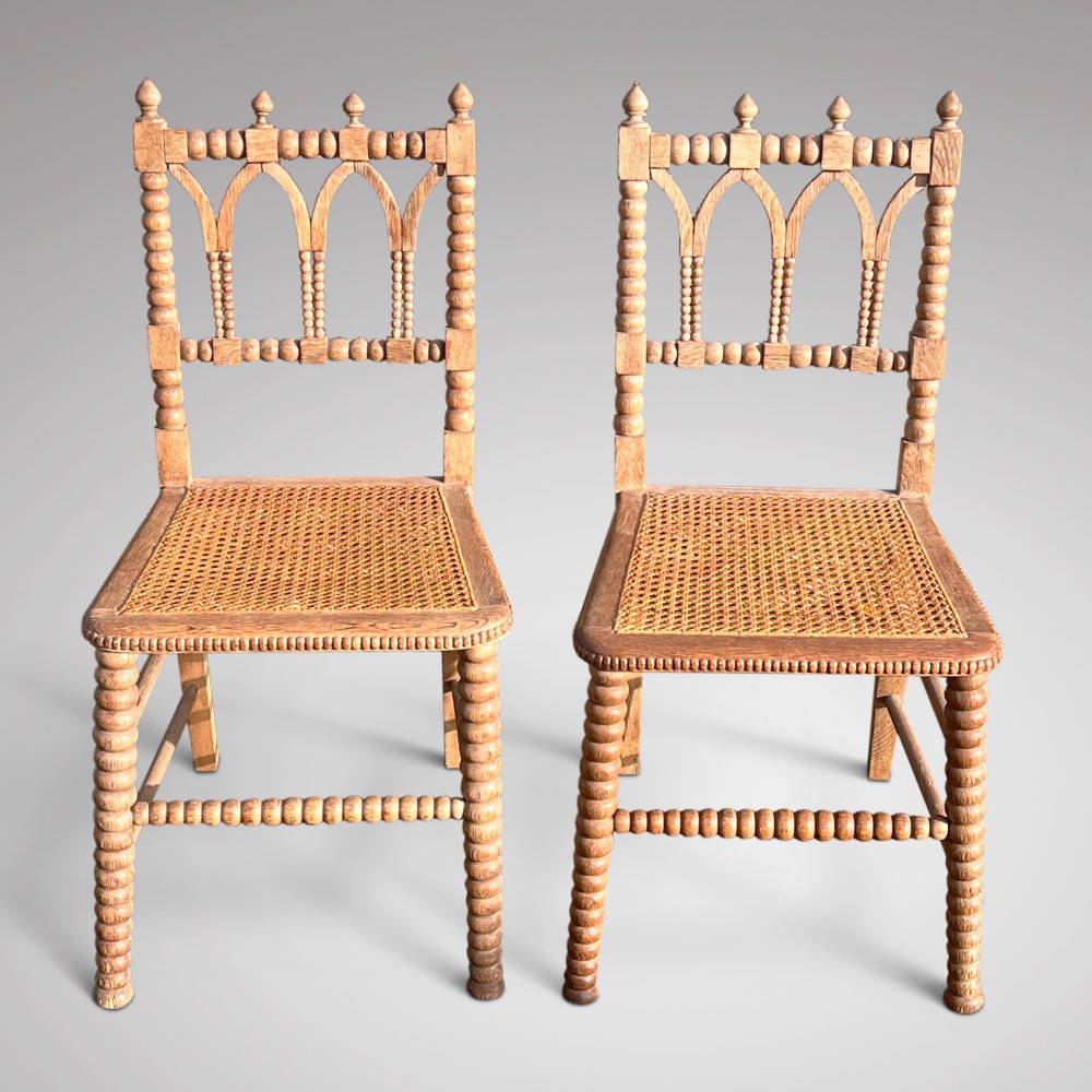 Pair of Bleached Oak Gothic Bobbin Side Chairs