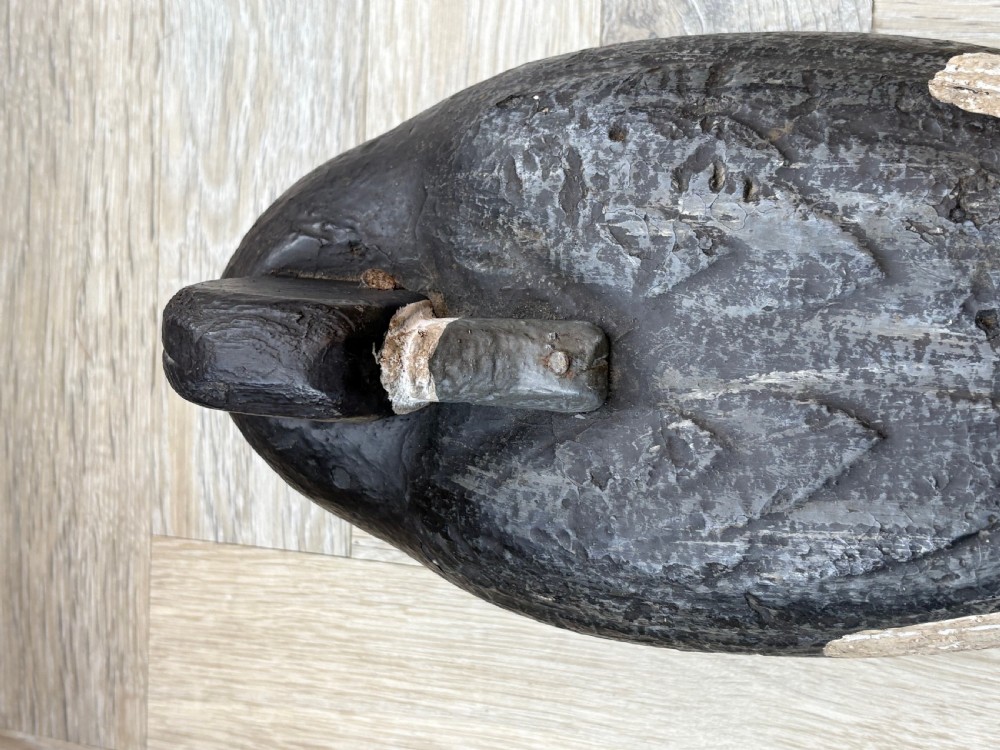 An early 20th century carved wooden decoy duck with a painted black finish and a pale distressed patch on its side. View III