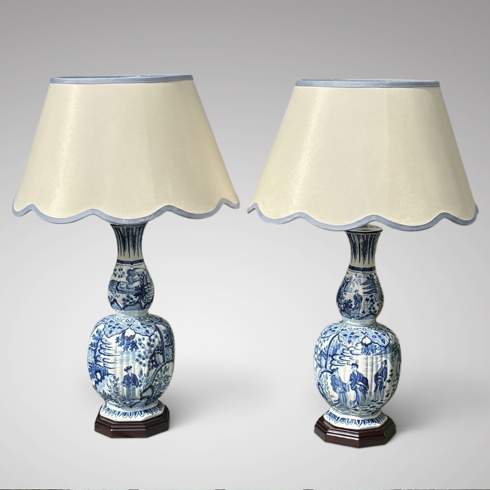 A  Pair of 19th Century Delft Blue and White Table Lamps