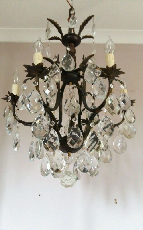 fig 1. French c1910 6 Arm Birdcage Crystal Chandelier Fully Restored.Ref