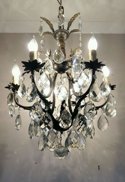 fig 2. French c1910 6 Arm Birdcage Crystal Chandelier Fully Restored.Ref