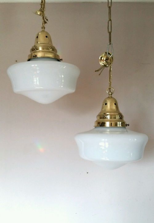 Pair Edwardian Opaline Chapel Ceiling Lamps