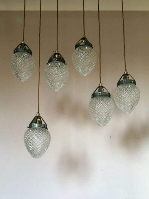 fig 1. Matching Set of 6 Edwardian Pineapple Glass Ceiling Light. Rewired