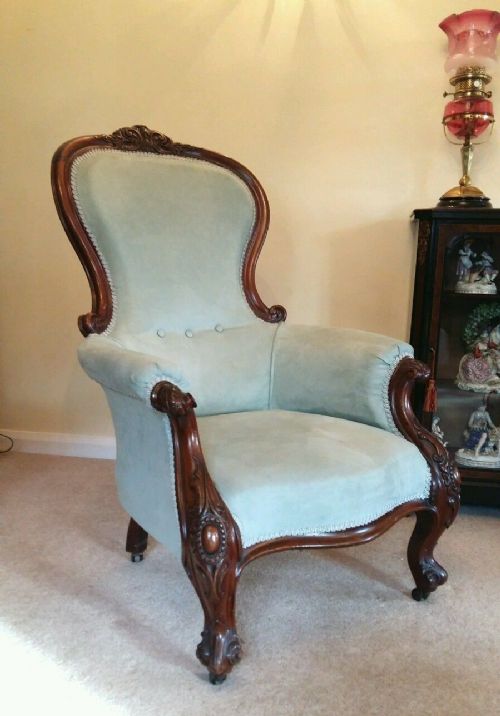 Victorian Carved Mahogany Gentleman's Armchair New Sage Green Upholstery