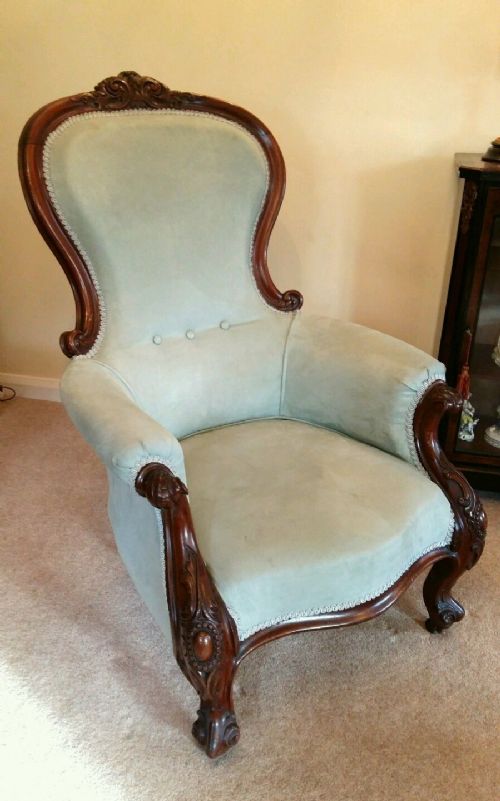 fig 1. Victorian Carved Mahogany Gentleman's Armchair New Sage Green Upholstery