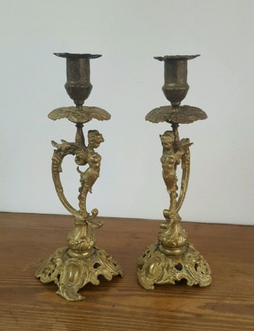 Pair of French Antique Brass Candlesticks C1880