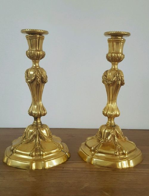 Pair of High Quality Rococo Gilded Antique Bronze Candlesticks; C1910.
