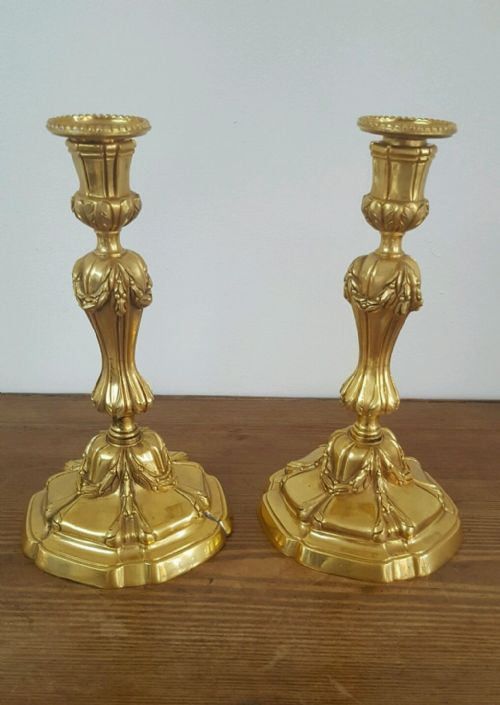 fig 1. Pair of High Quality Rococo Gilded Antique Bronze Candlesticks; c1910.
