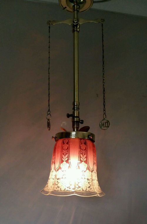 C1870 Gas Ceiling Light Lamp Original Acid Etched Cranberry Shade