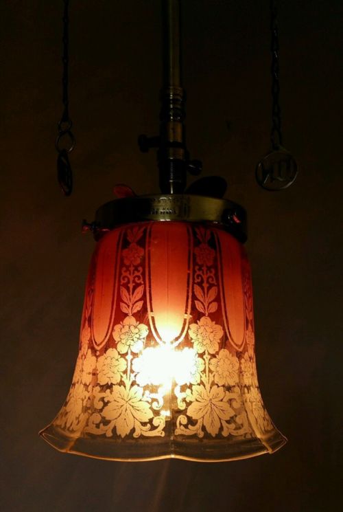 fig 1. C1870 Gas Ceiling Light Lamp Original Acid Etched Cranberry Shade