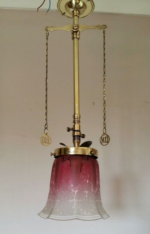 fig 2. C1870 Gas Ceiling Light Lamp Original Acid Etched Cranberry Shade