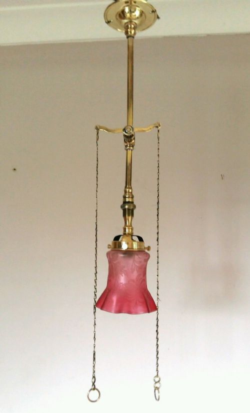 fig 1. Gas Ceiling Light Lamp Original Acid Etched Cranberry Shade