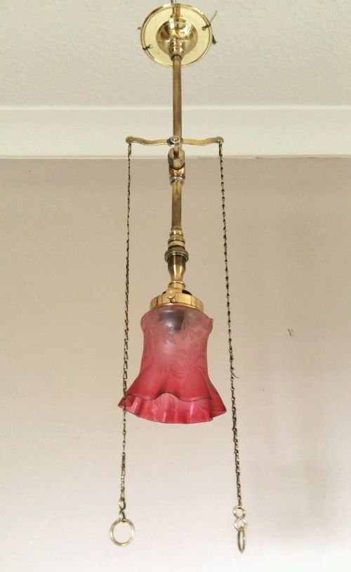 fig 2. Gas Ceiling Light Lamp Original Acid Etched Cranberry Shade