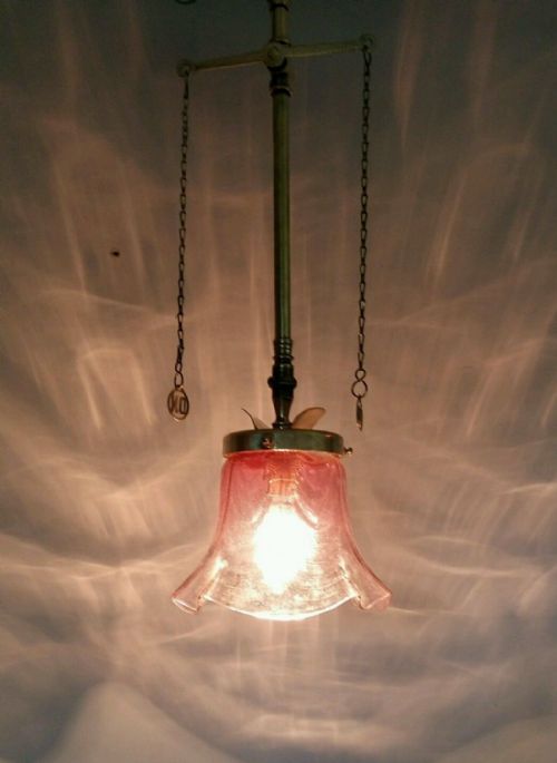 fig 1. Victorian C1870 Gas Ceiling Light Lamp Original Rippled Cranberry Shade